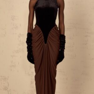 Miss Rosier Mathilde Brown Velvet-Panel Ruched Maxi Dress